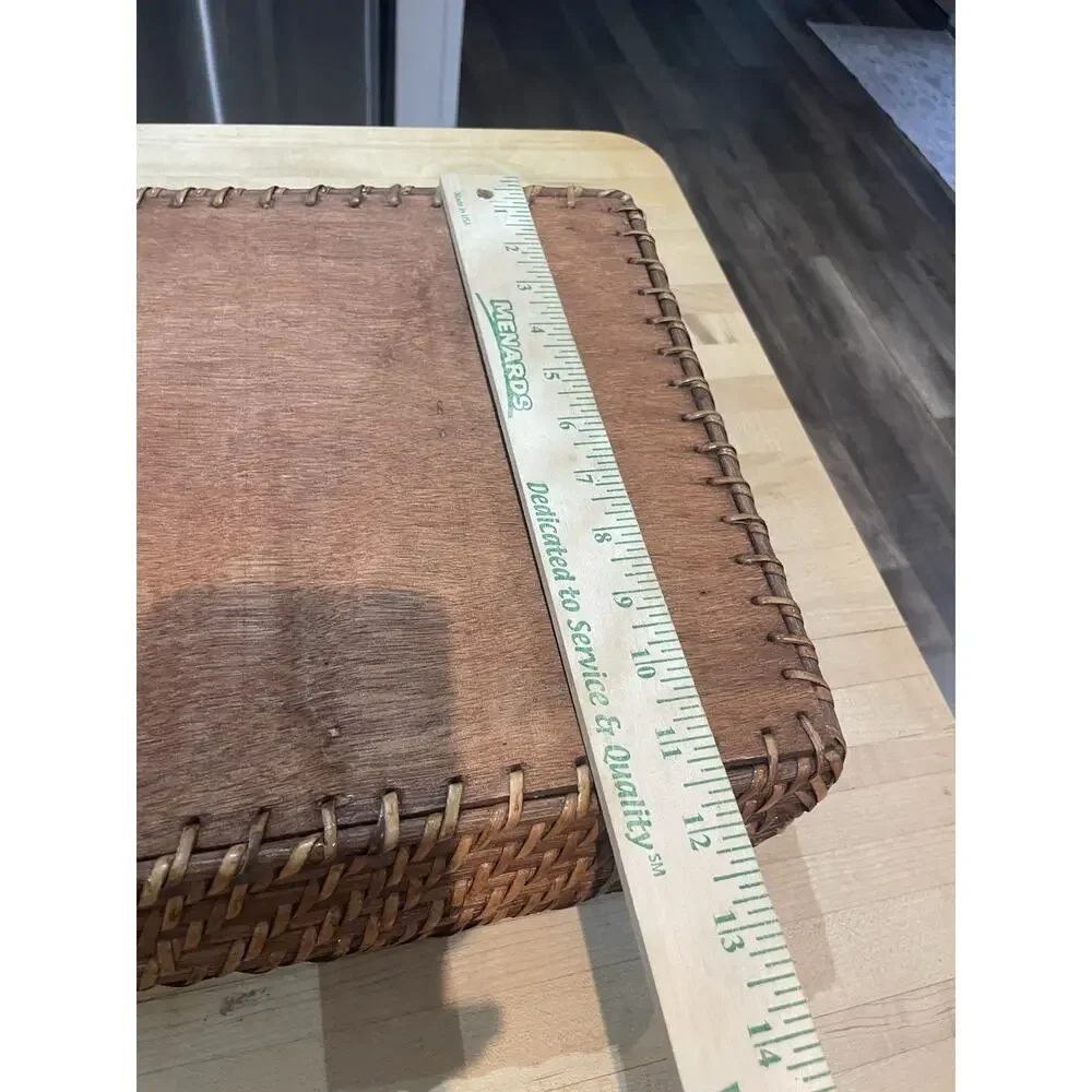Vtg Large Rectangular Rattan Tray With Handles Low Sides Wooden Base Lightweight